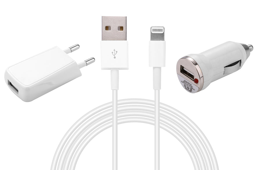 KIT 3 EN 1  AVEC CABLE USB VERS LIGHTNING 2 METRES