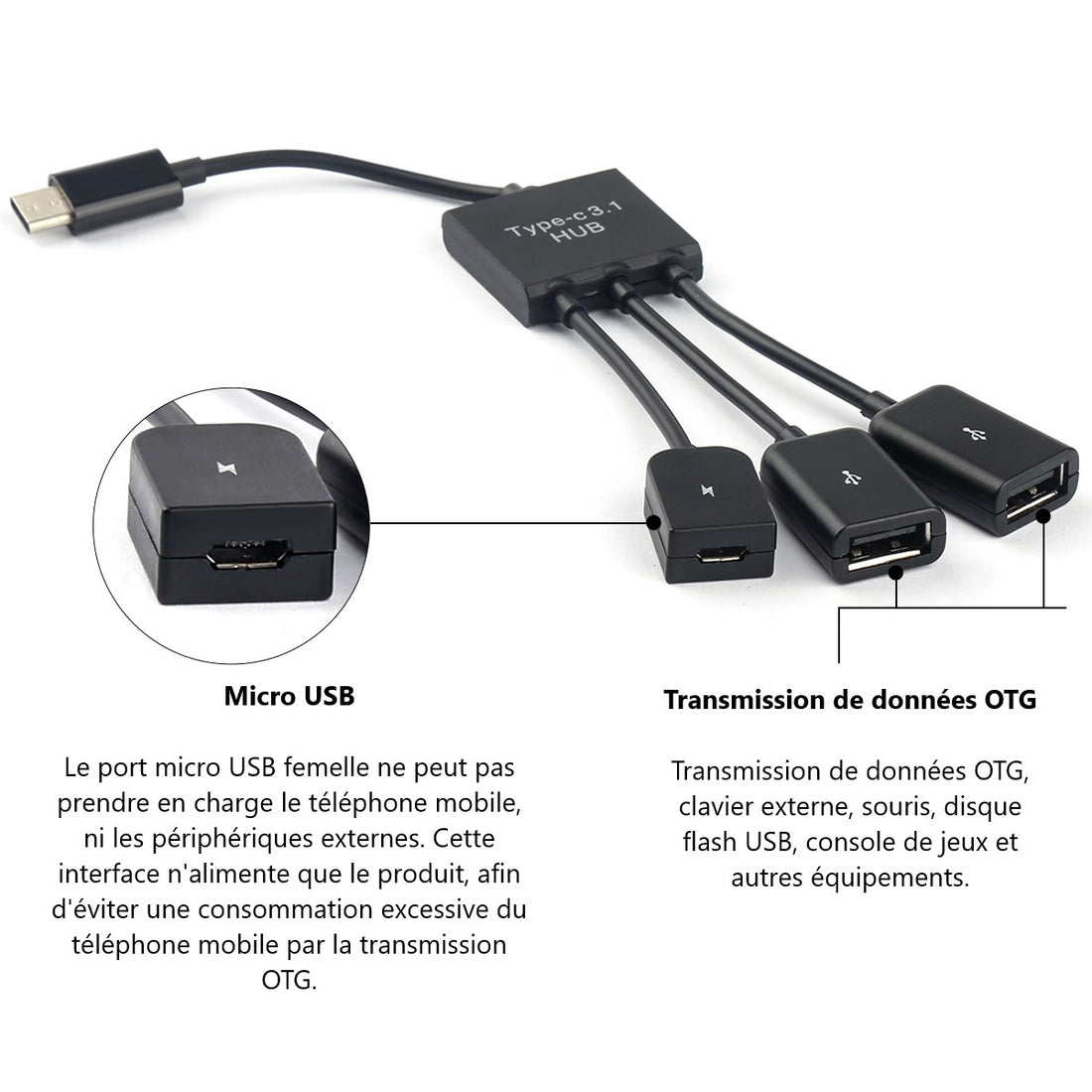 ADAPTATEUR TYPE C DOUBLE USB + MICRO USB