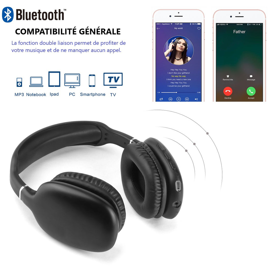 Casque Bluetooth Sans fil pour la musique et pour téléphone mobile Ave